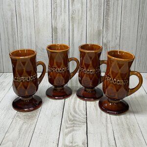 Vintage Pedestal Capuccino Coffee Mug Cups Brown Retro - Set Of 4
